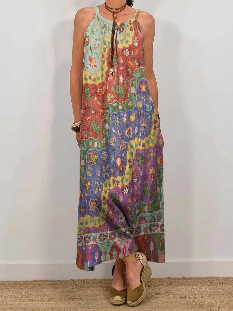 Women's Vintage Bohemian Floral Collage Art Print Sleeveless Pocket Dress