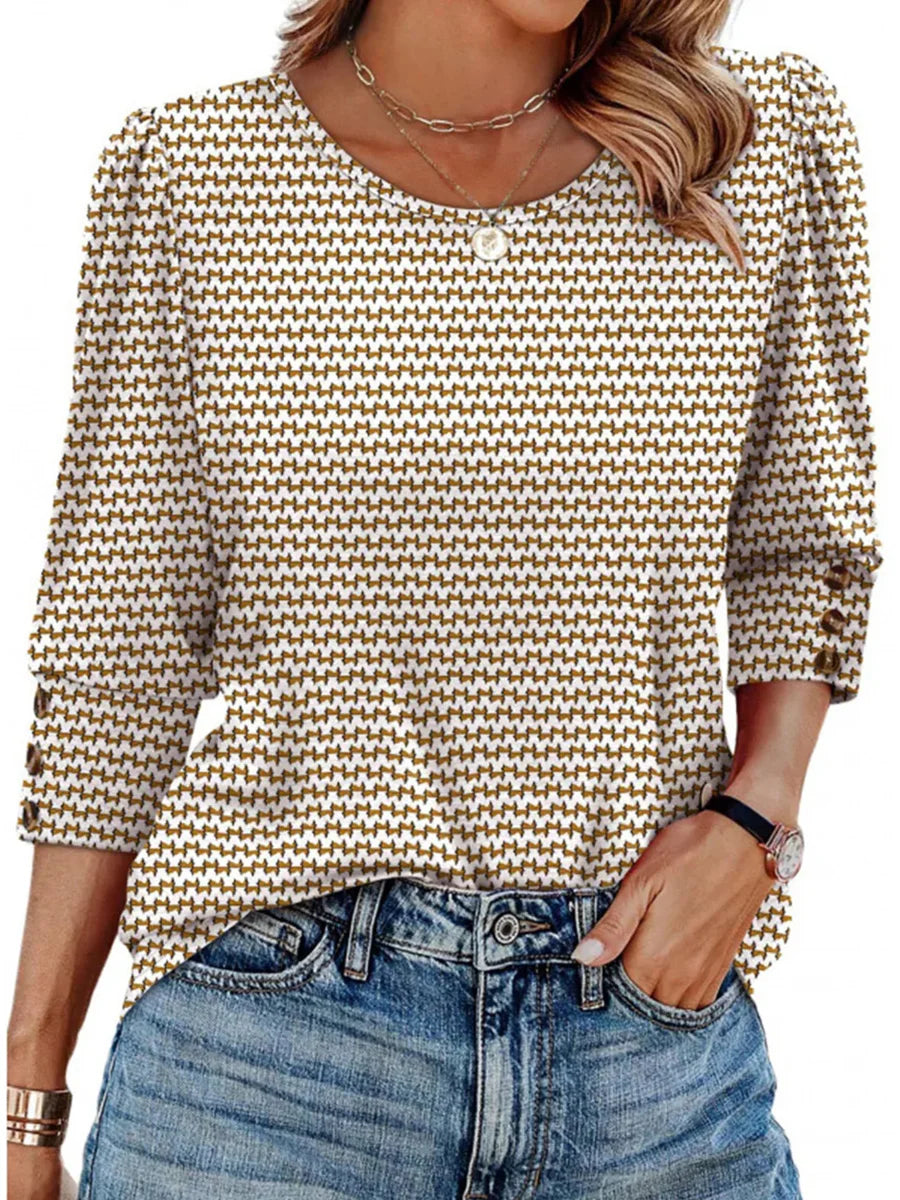 Special Gold Houndstooth Print Round Neck 3/4 Sleeve Top