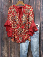 Vintage Floral Print V-neck 3/4 Sleeve Blouse