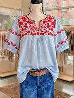 Vintage Floral Print V-neck Short Sleeve Blouse