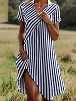 Mixed Diagonal Vertical Stripe Short Sleeve Asym Hem Midi Dress