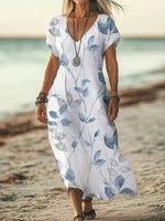 Casual Leaf Print V-neck Short Sleeve Dress