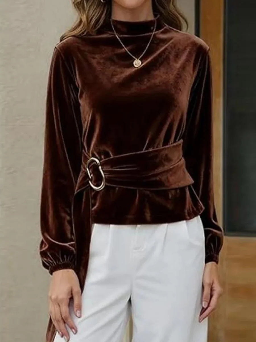 Coffee Velvet Long Sleeve Plain Top