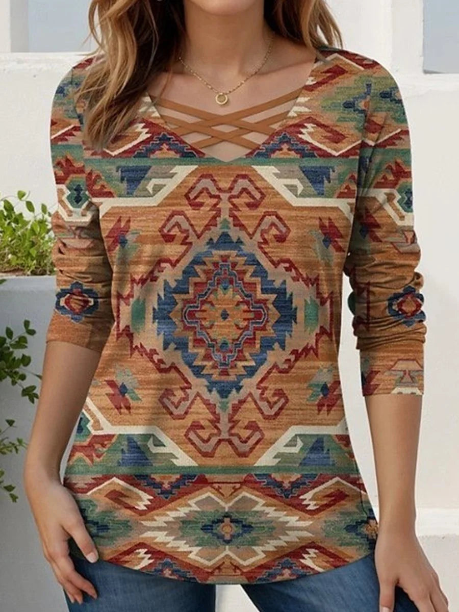 Vintage Ethnic Print V Neck Long Sleeve Top