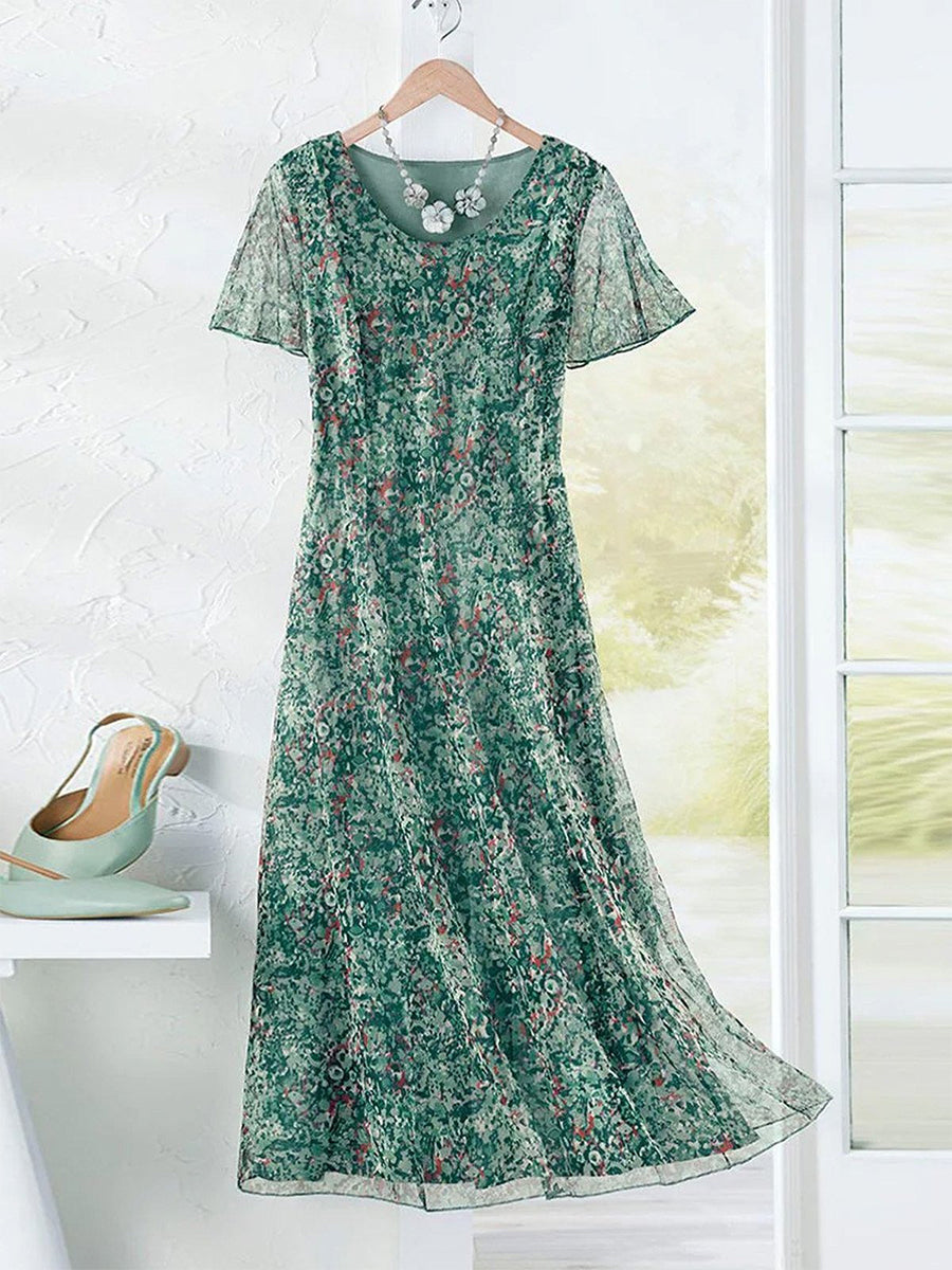 Women’s Elegant Green Floral Chiffon Midi Dress– LilyWish