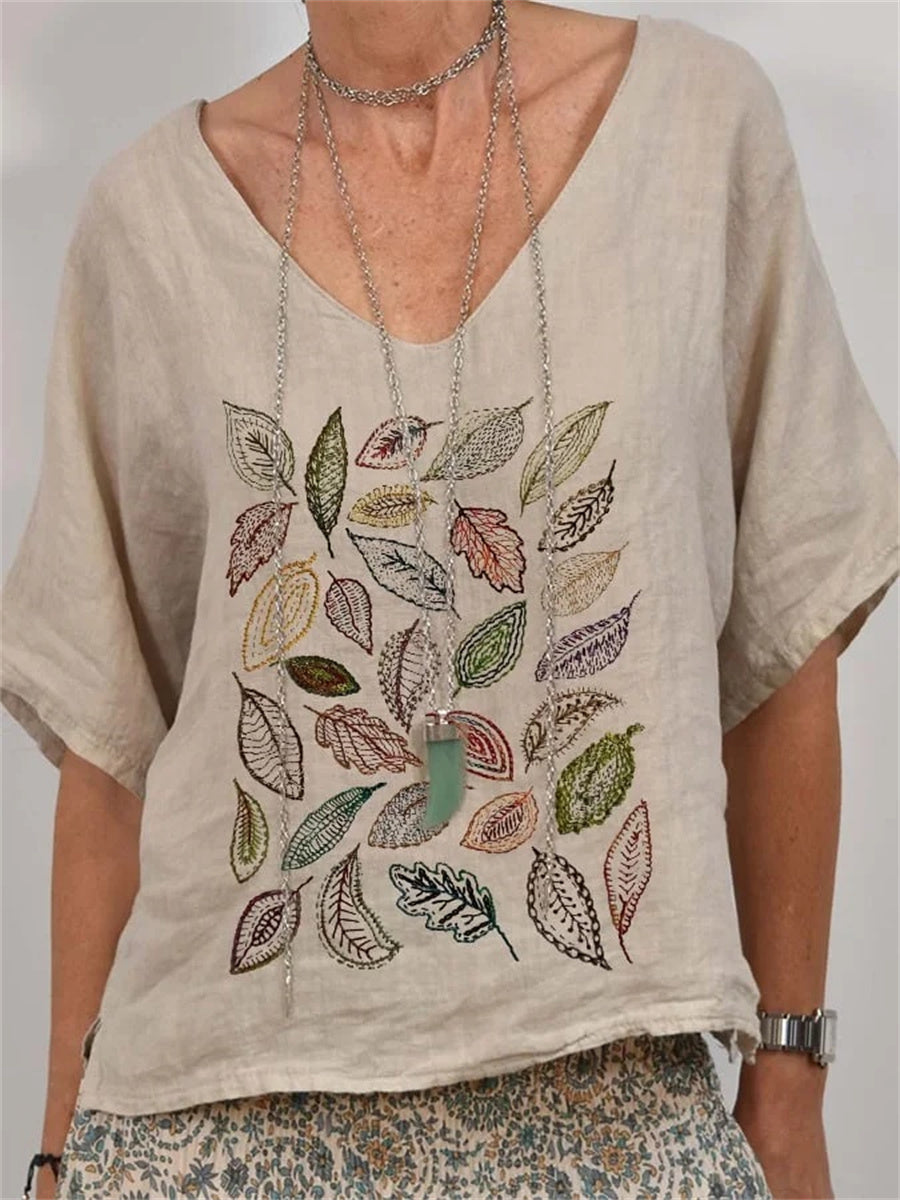 Women's V-Neck Embroidered Leaf And Floral Print Linen Top