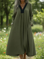 Retro Cozy Color-blocked V-neck Long Sleeve Dress