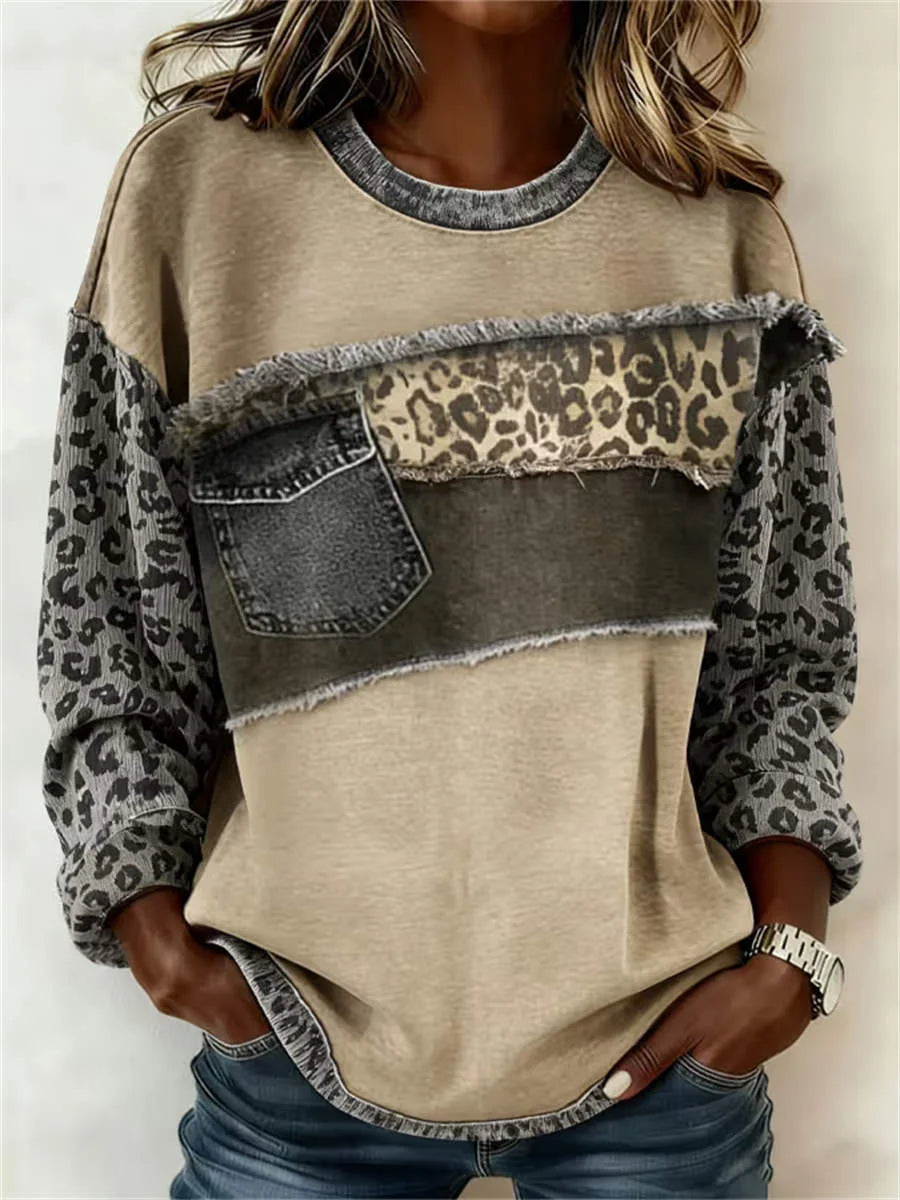 Casual Leopard Crew Neck Long Sleeve Sweatshirt