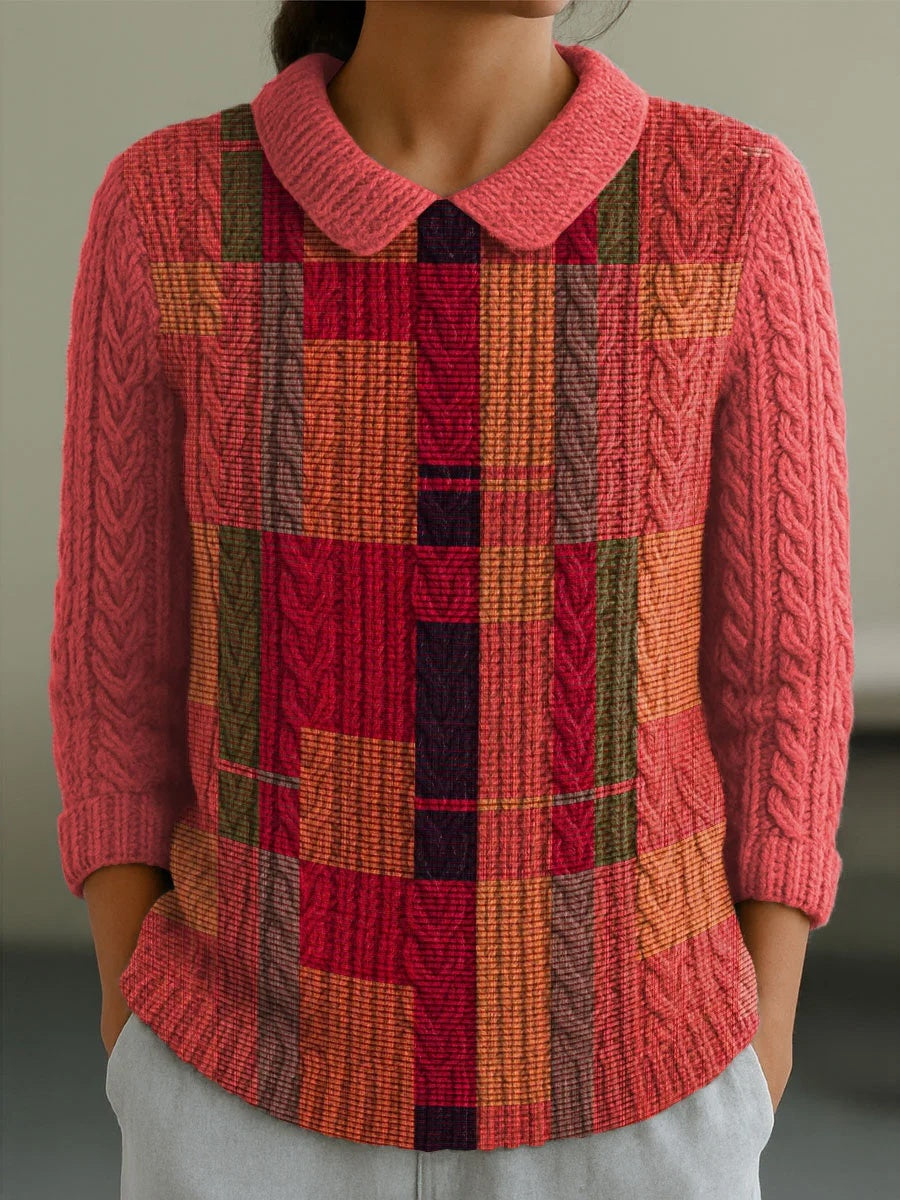 Women's Geometric Color Splicing Casual 3/4 Sleeve Sweater