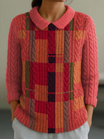 Women's Geometric Color Splicing Casual 3/4 Sleeve Sweater
