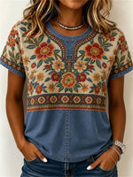 Vintage Floral Print V-neck Short Sleeve Blouse