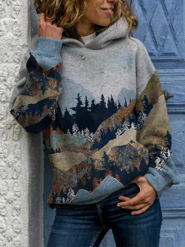 Mountain Treetop Print Hooded Sweatshirt