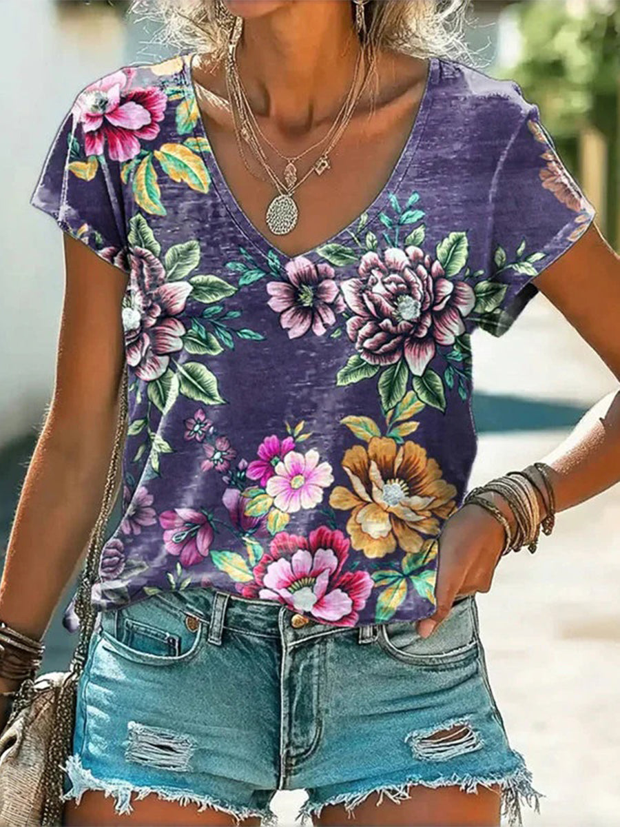 Vintage Floral Print V-neck Short Sleeve T-Shirt