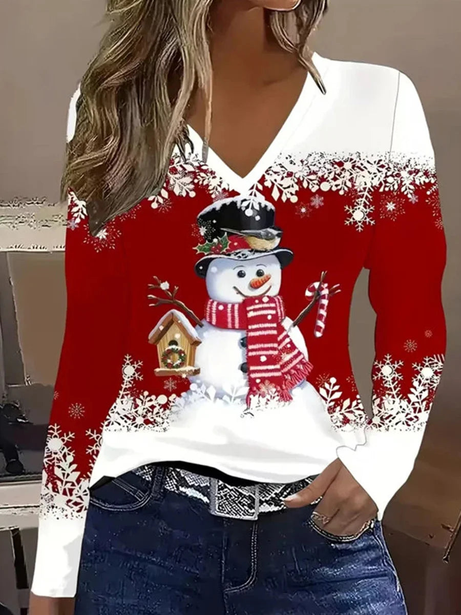 Casual Christmas V-neck Long Sleeve T-Shirt