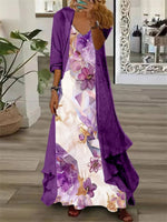 Women's Long Sleeve V-neck Graphic Printed Two Pieces Maxi Dress