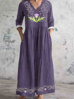 Floral Printed V-Neck Long Sleeve Comfy Vintage Maxi Dress