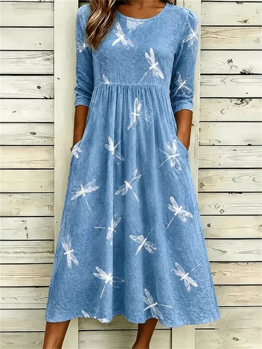 Casual Dragonfly Print Round Neck 3/4 Sleeve Dress