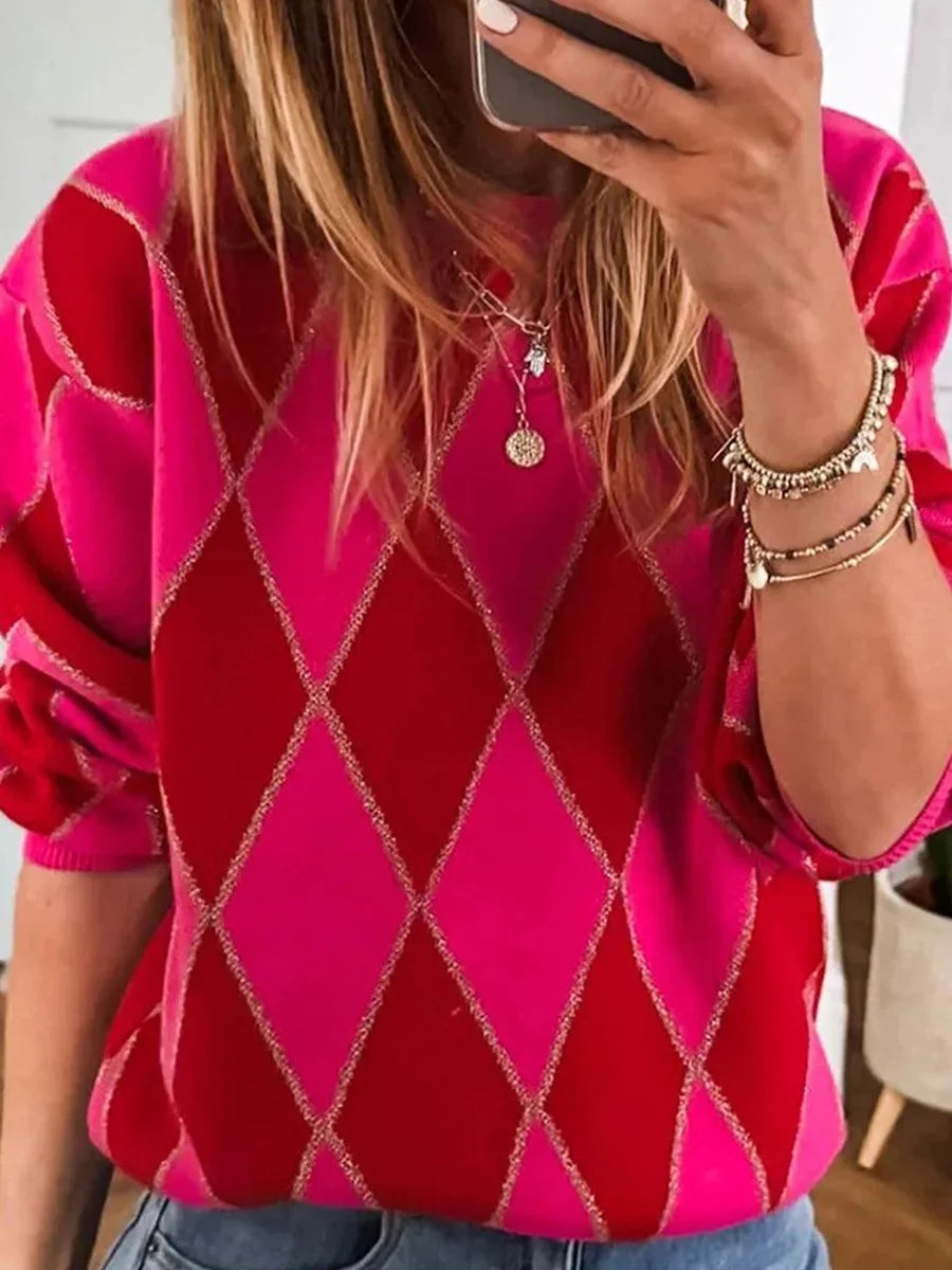 Sweet Pink Geometric Round Neck Long Sleeve Sweater