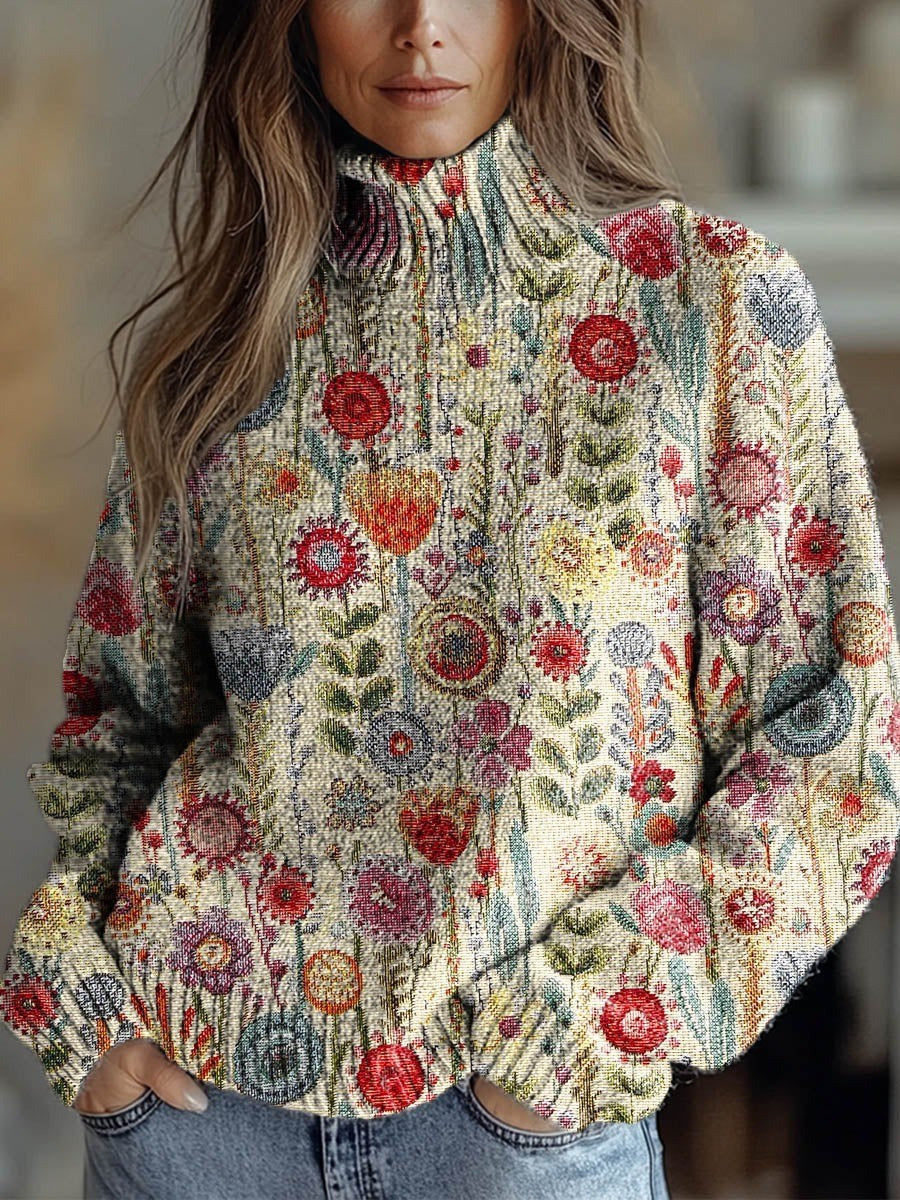 Vintage Floral Print Round Neck Long Sleeve Loose Comfy Sweater