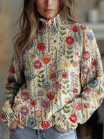 Vintage Floral Print Round Neck Long Sleeve Loose Comfy Sweater