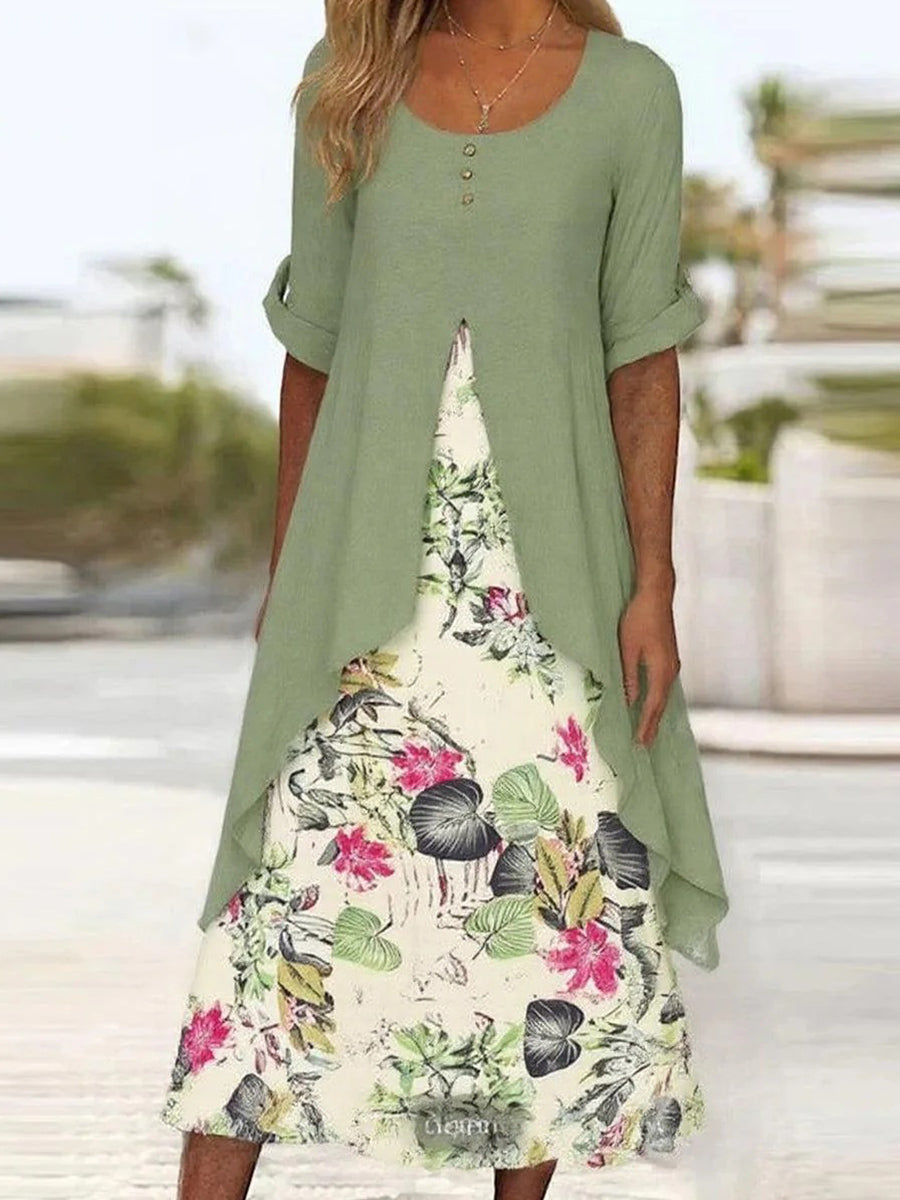 Floral Print Round Neck Short Sleeve Midi Dress