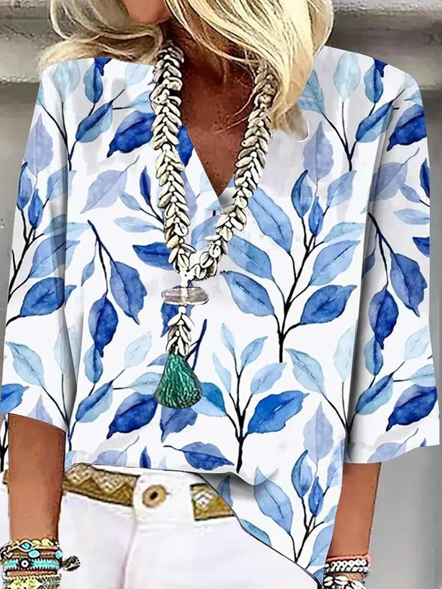 Blue V-Neck 3/4 Sleeve Top