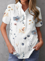 White Casual V Neck Floral Printed Short Sleeve Blouse