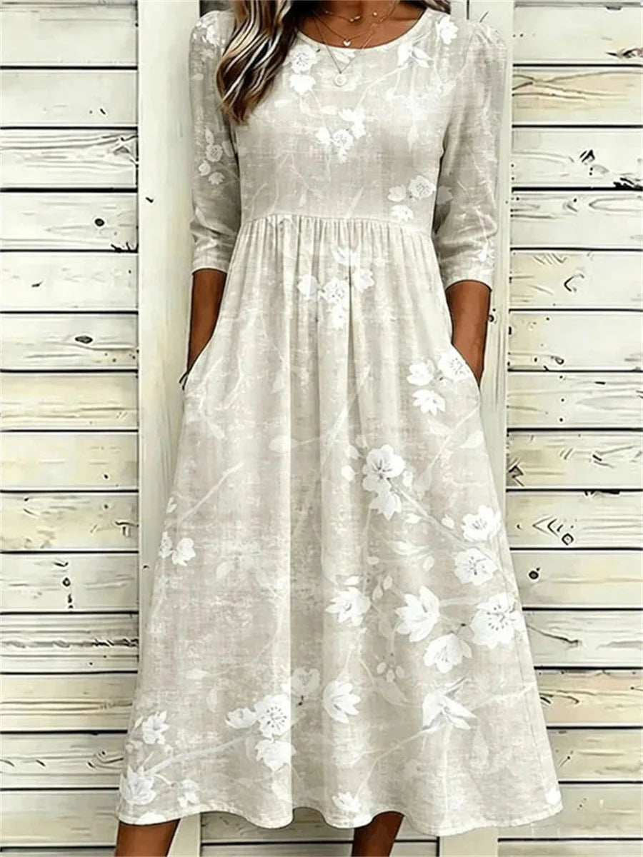 Vintage Floral Print Round Neck 3/4 Sleeve Dress