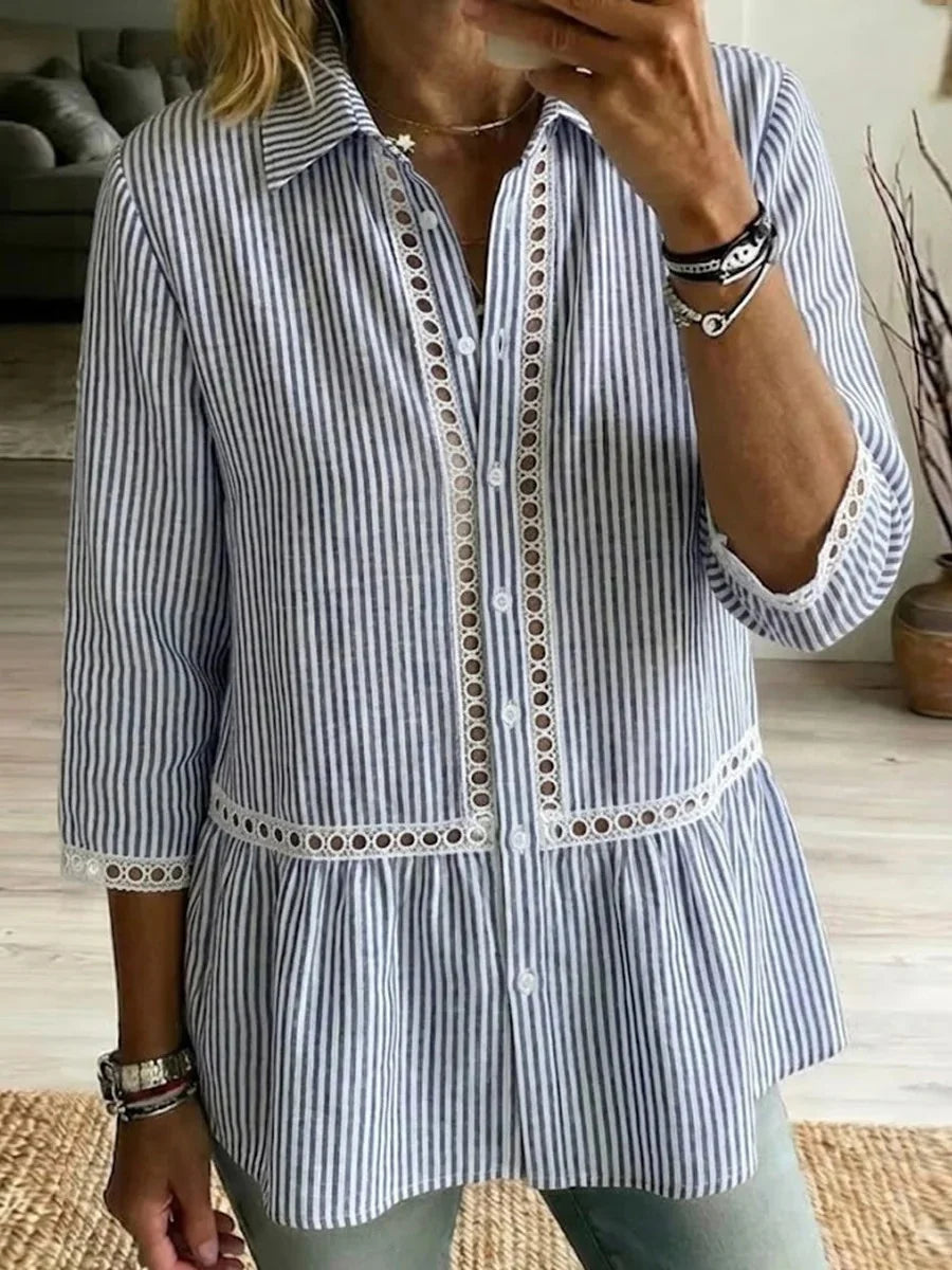 Blue Striped Lace Trim 3/4 Sleeve Peplum Shirt