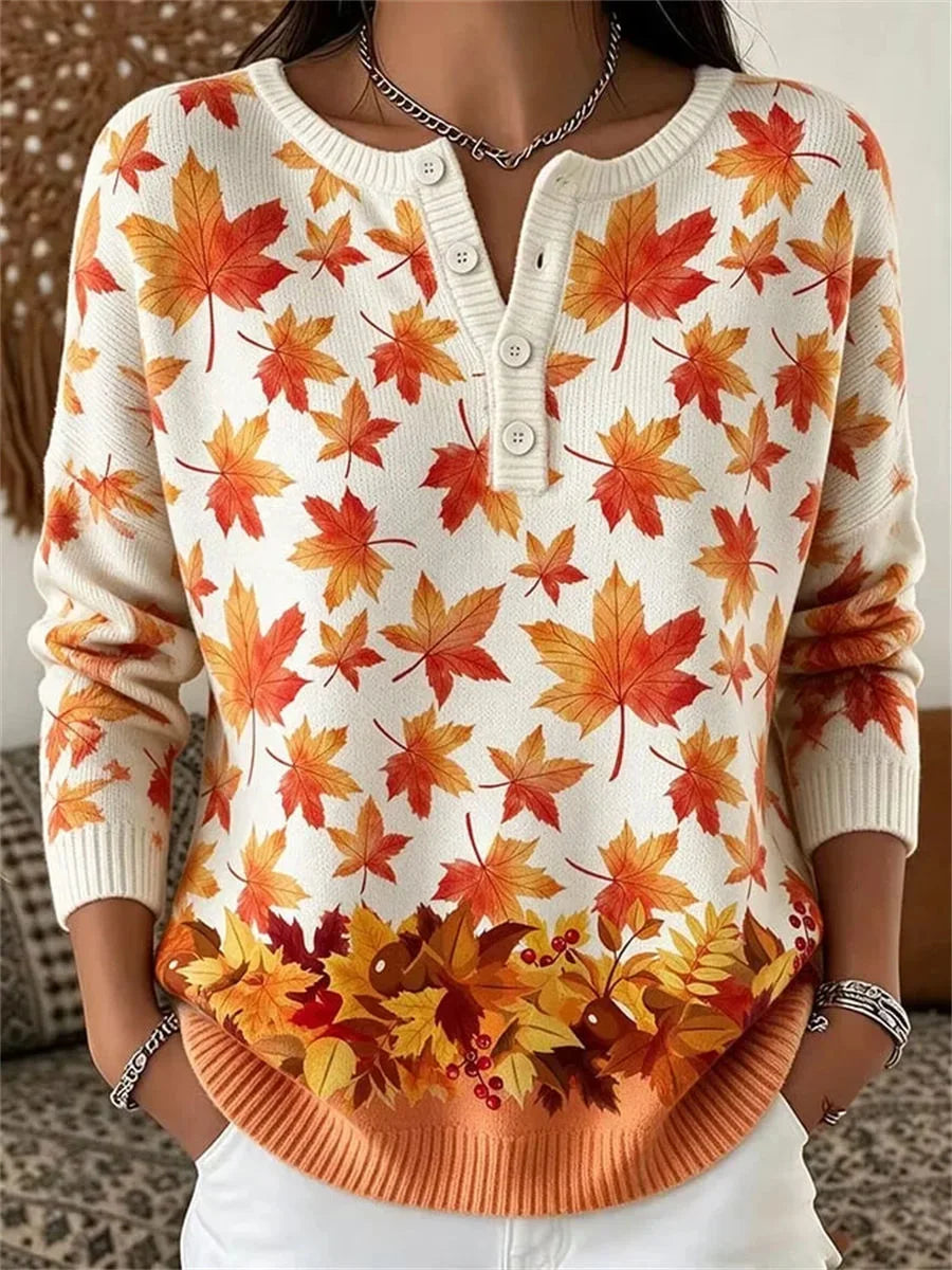Casual Maple Leaf Henley Collar Long Sleeve Sweater