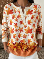 Casual Maple Leaf Henley Collar Long Sleeve Sweater