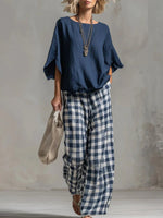 Navy Flare Round Neck 3/4 Sleeve Top Gingham Pants Matching Set