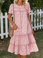 Pink Ditsy Floral Lace Panel Tiered Pocket Round Neck Short Sleeve Midi Dress