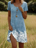 Vintage Floral Print Round Neck Short Sleeve Dress