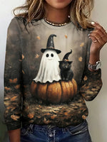 Halloween Vintage Cute Ghost Print Round Neck Long Sleeve T-shirt