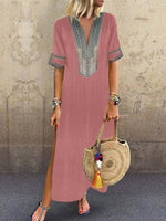 Split Short Sleeve V-Neck Travel Look A-Line Maxi Dress
