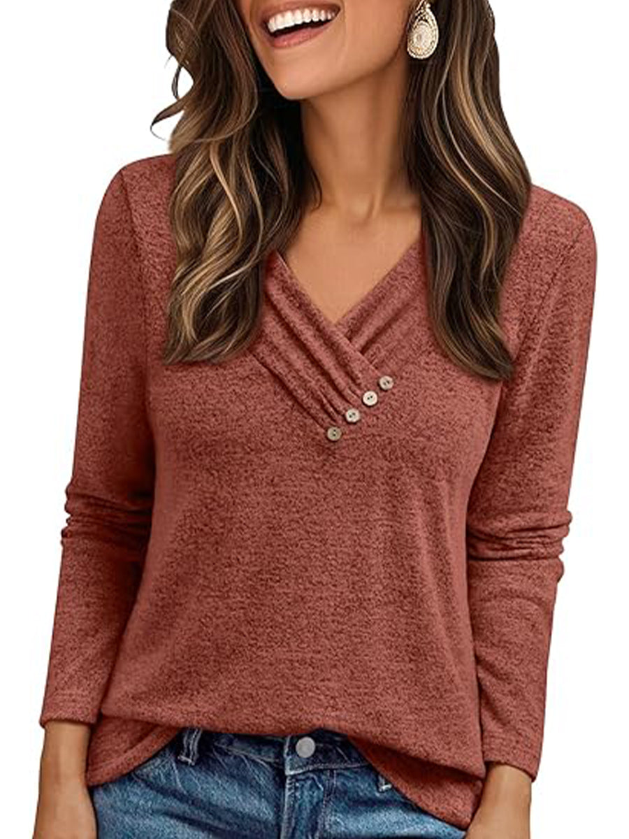 Casual V-neck Long Sleeve Plain Tunic Top