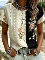 Casual Floral Print Round Neck Short Sleeve T-Shirt