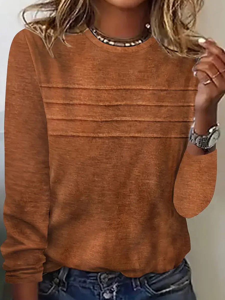Brown Plain Round Neck Long Sleeve Top