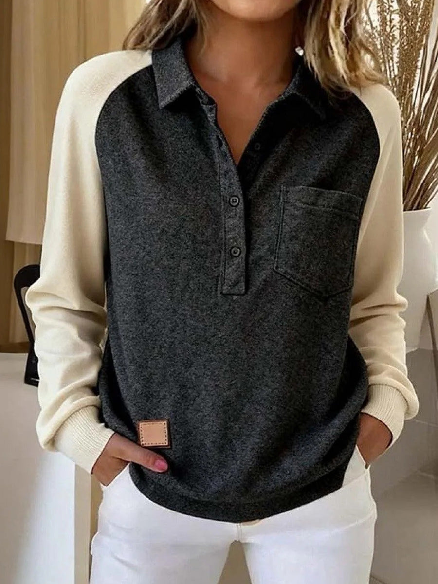 Black Color Block Lapel Long Sleeve Shirt