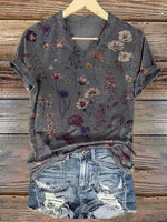 Vintage Floral Print V-neck Short Sleeve T-Shirt