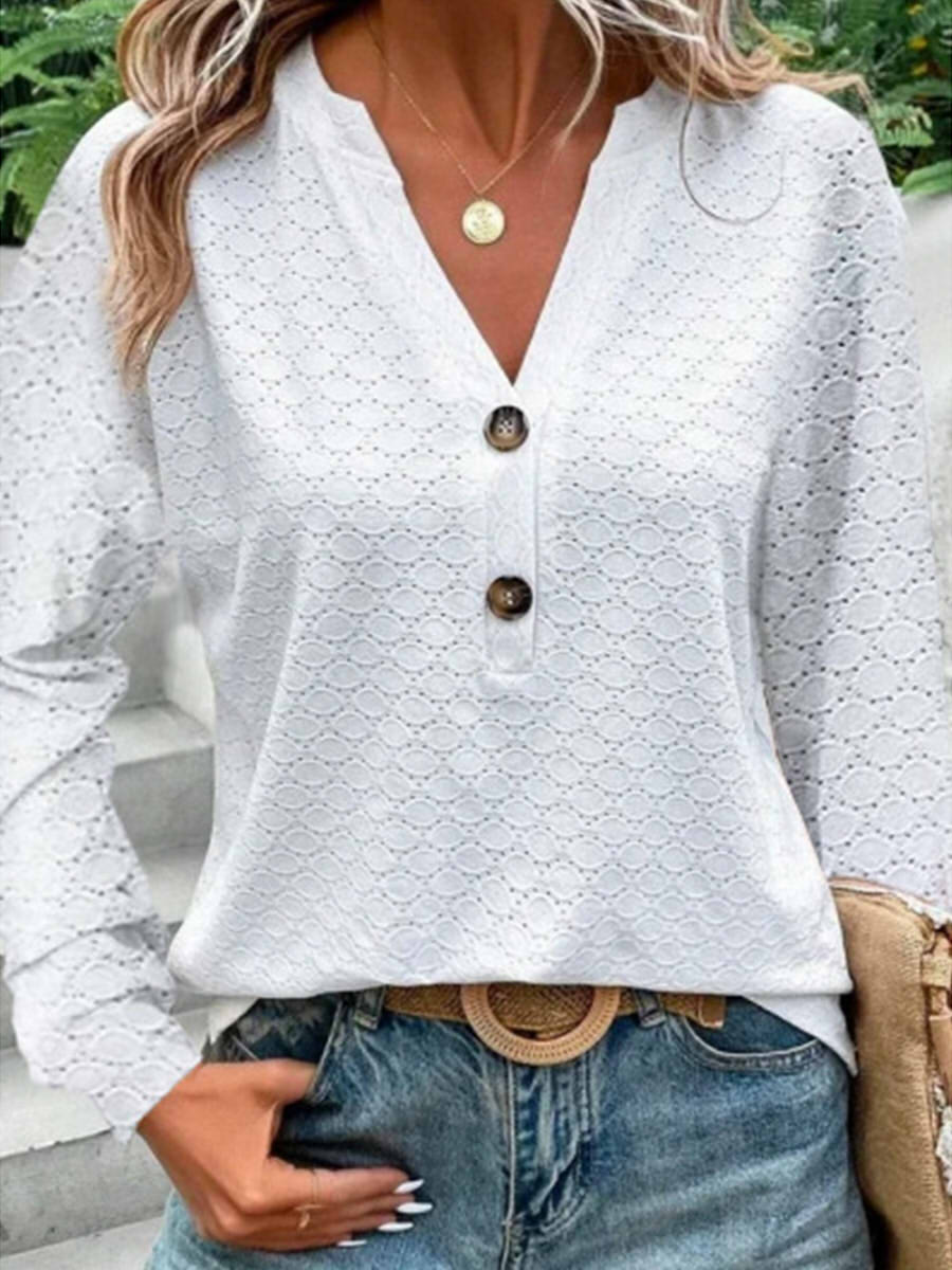 Casual Button V Neck Hollow Long Sleeve Blouse