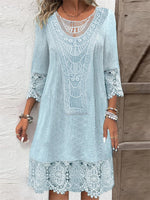 Women's 3/4 Sleeve Scoop Neck Lace Solid Color Midi Dress