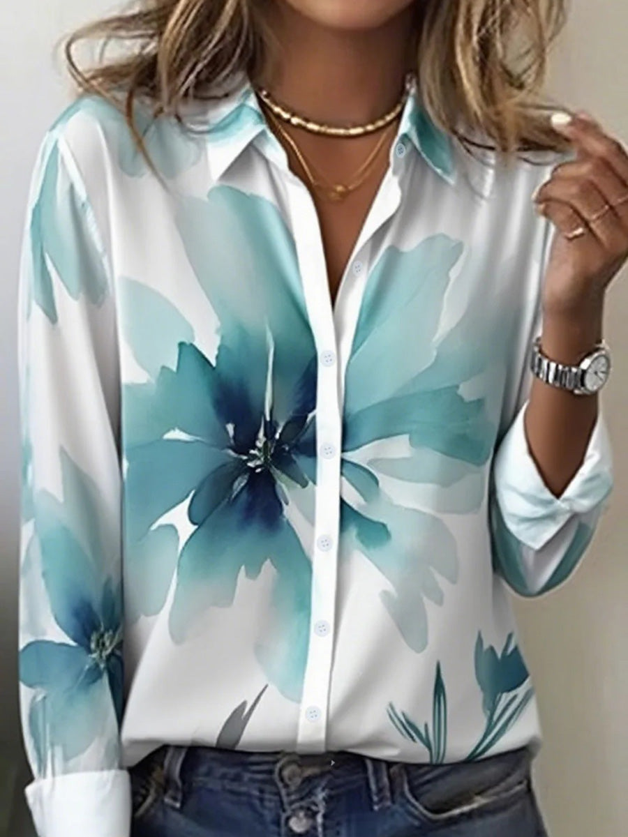 Breezy Collared Floral Print Long Sleeve Shirt