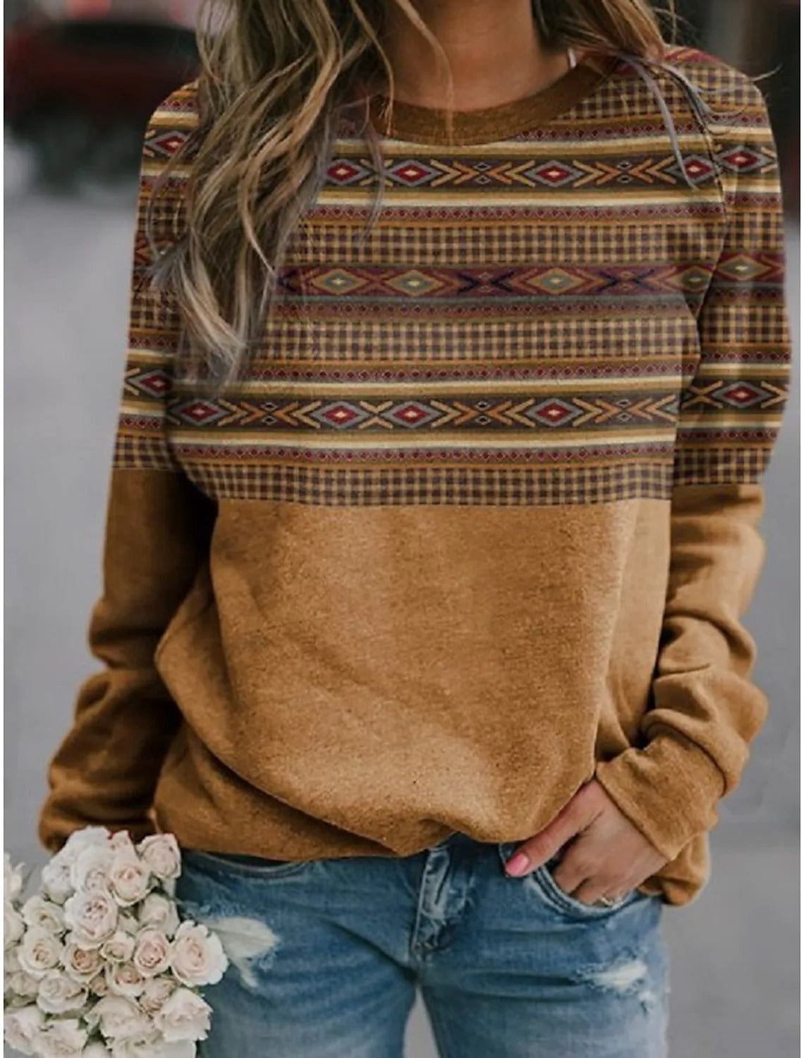 Yellow Casual Graphic Tops Round Neck Stripe Printed Long Sleeve Sweatshirt