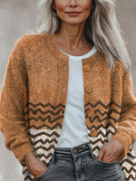 Terracotta Black Waves Abstract Pattern Print Long Sleeve Buttoned Cardigan Sweater