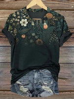Vintage Floral Print Round Neck Short Sleeve T-Shirt