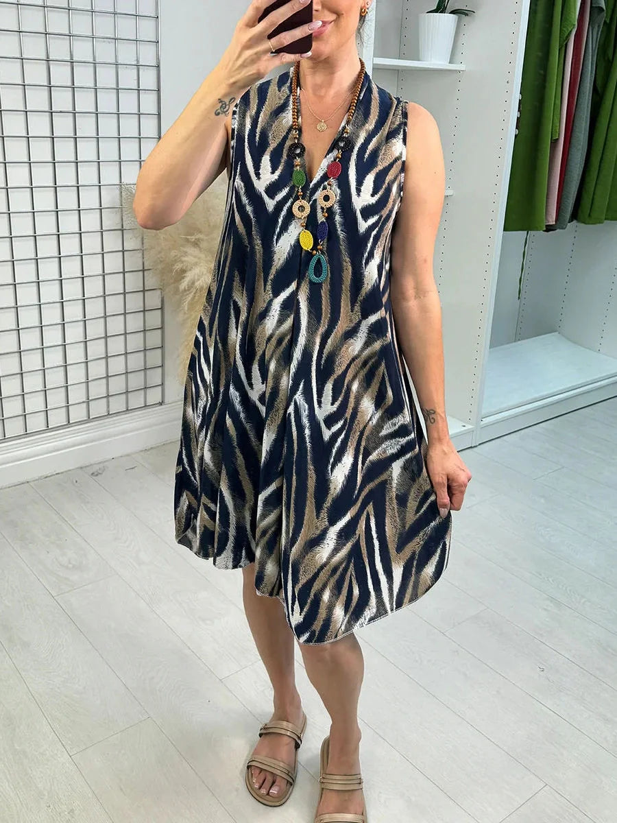 Navy Zebra Print Sleeveless V Neck Swing Mini Dress