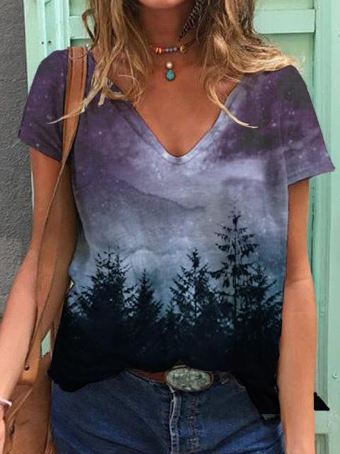 Purple Tie-dye Printed V-neck Short Sleeve T-shirt