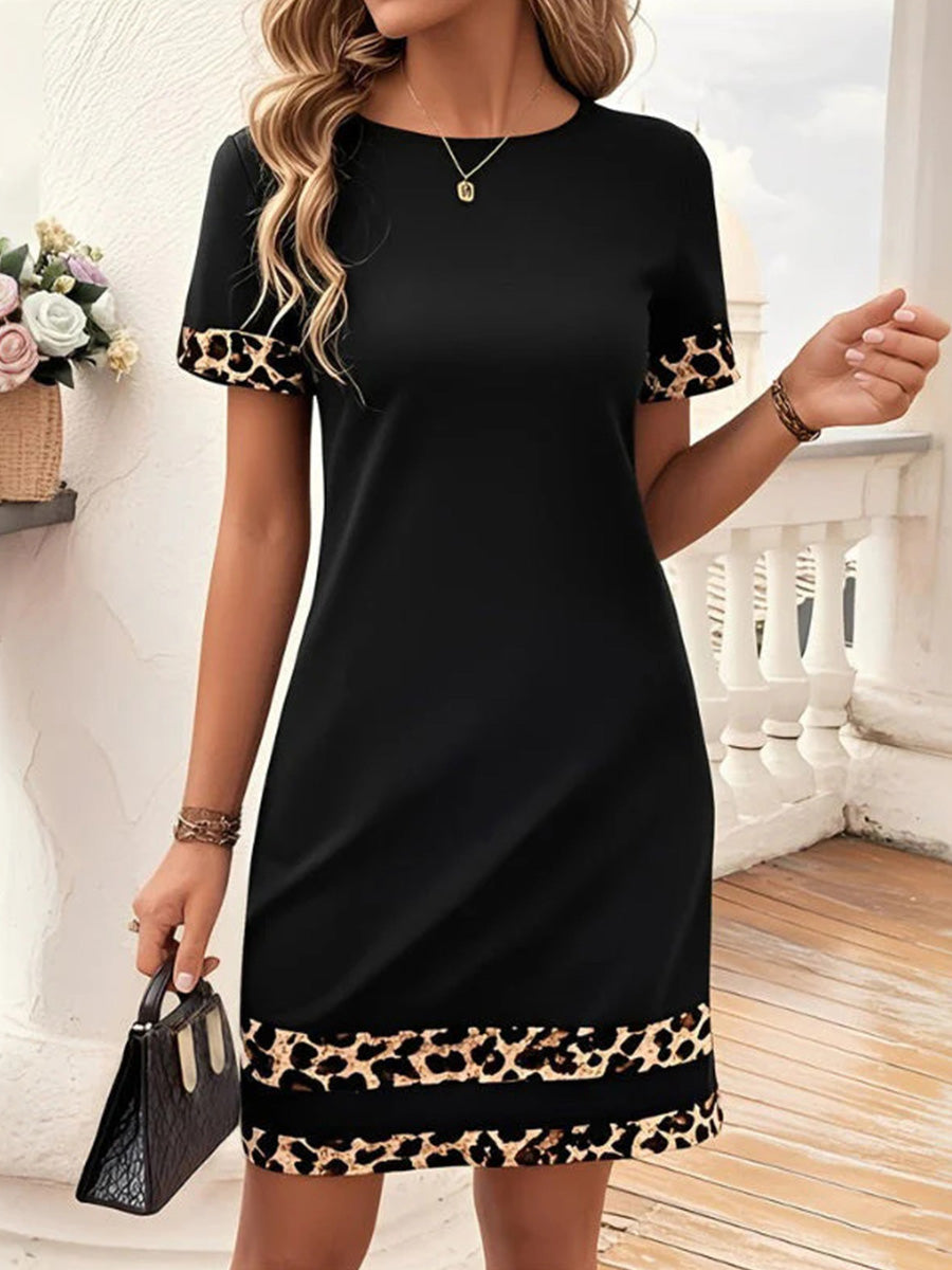 Vintage Leopard Print Round Neck Short Sleeve Dress